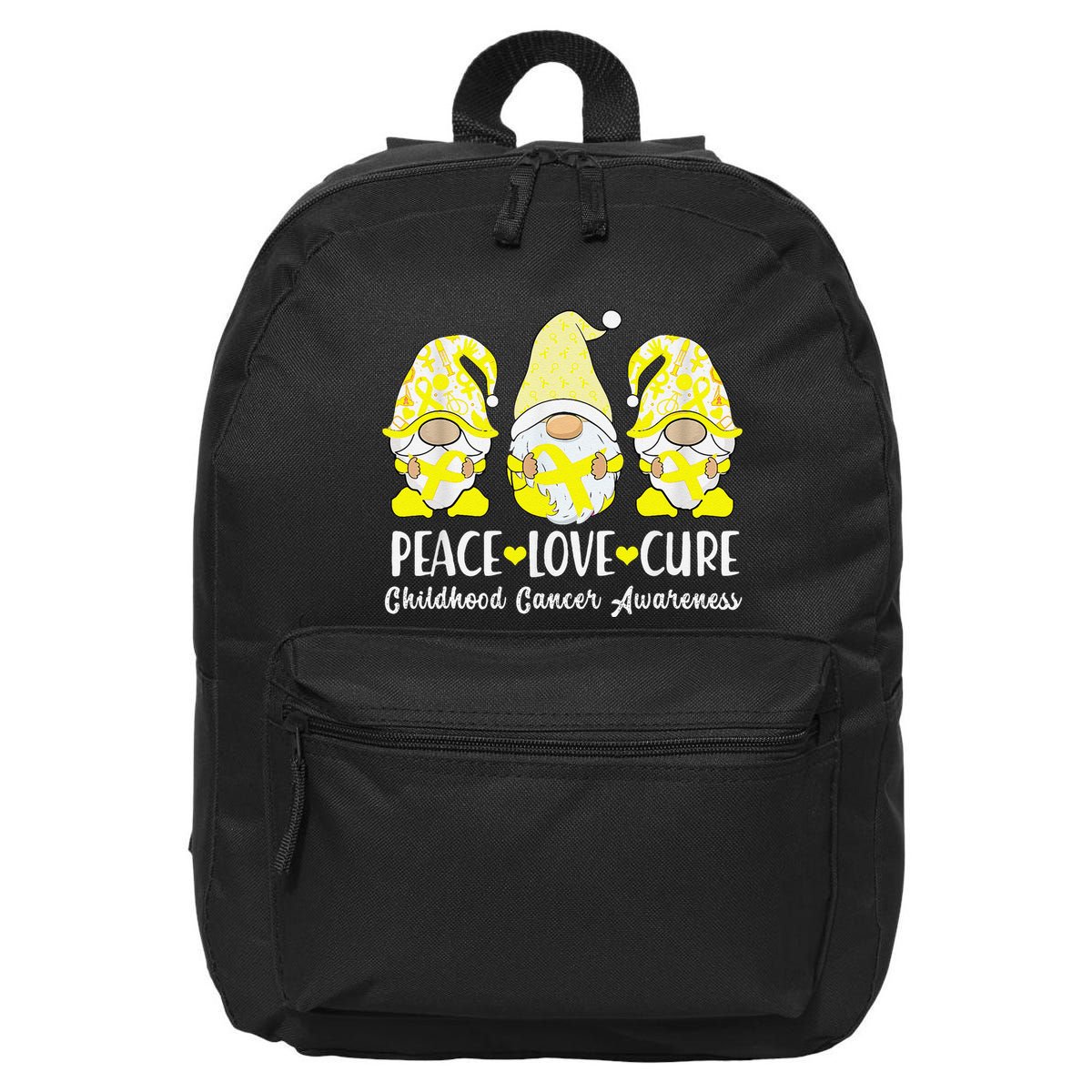 Peace Love Cure Childhood Cancer Awareness Ribbon Gnomies 16 in Basic Backpack