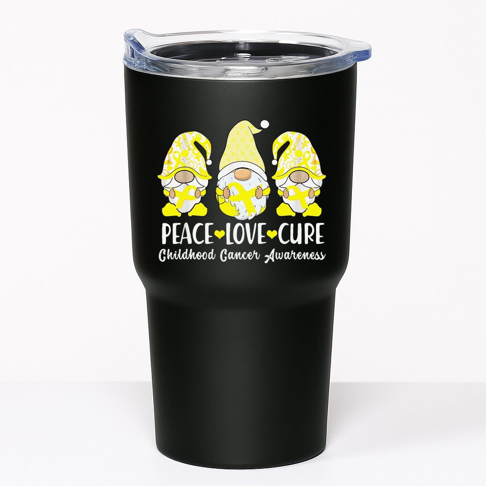 Peace Love Cure Childhood Cancer Awareness Ribbon Gnomies Tumbler
