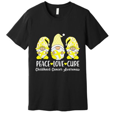 Peace Love Cure Childhood Cancer Awareness Ribbon Gnomies Premium T-Shirt