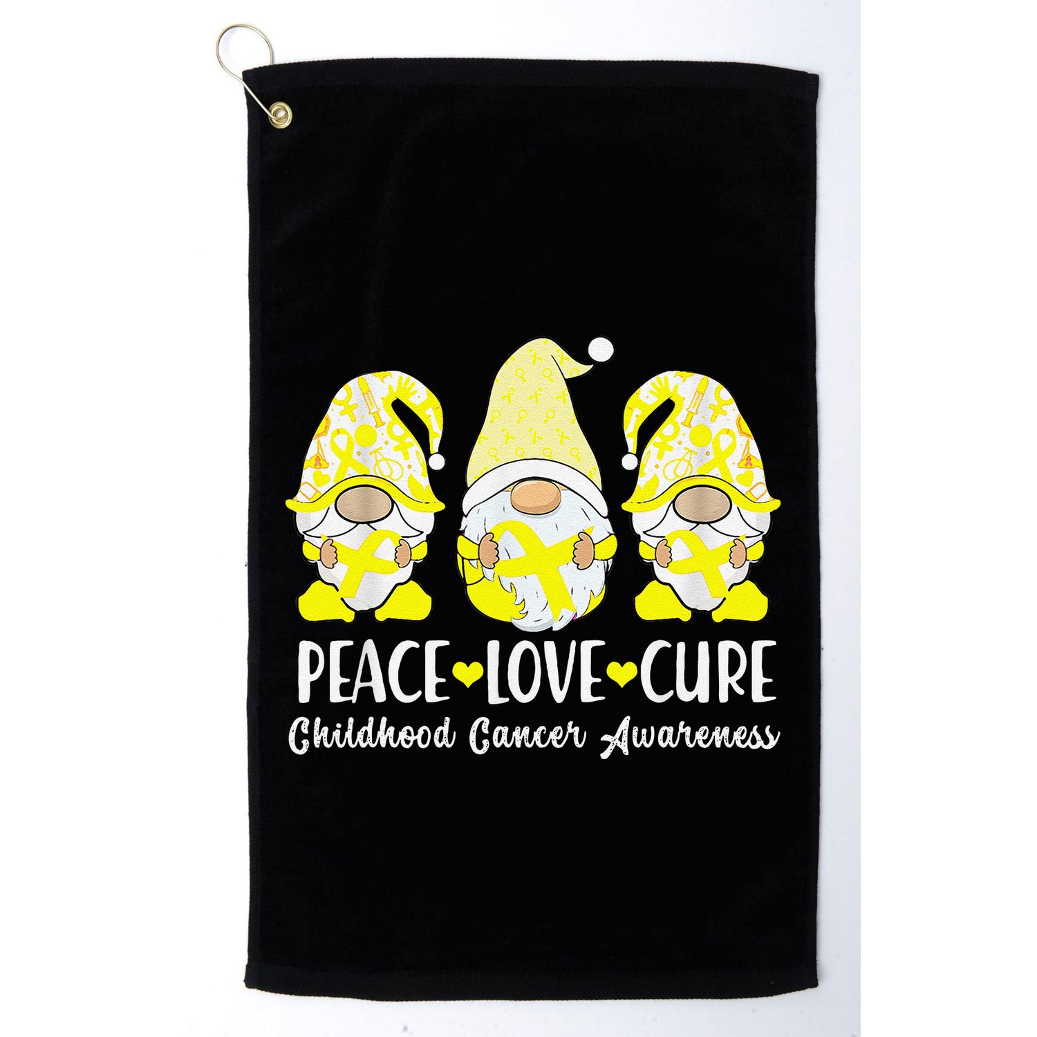 Peace Love Cure Childhood Cancer Awareness Ribbon Gnomies Golf Towel