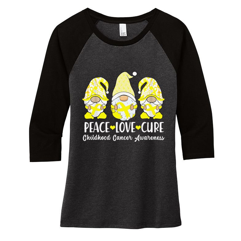 Peace Love Cure Childhood Cancer Awareness Ribbon Gnomies Women's Tri-Blend 3/4-Sleeve Raglan Shirt
