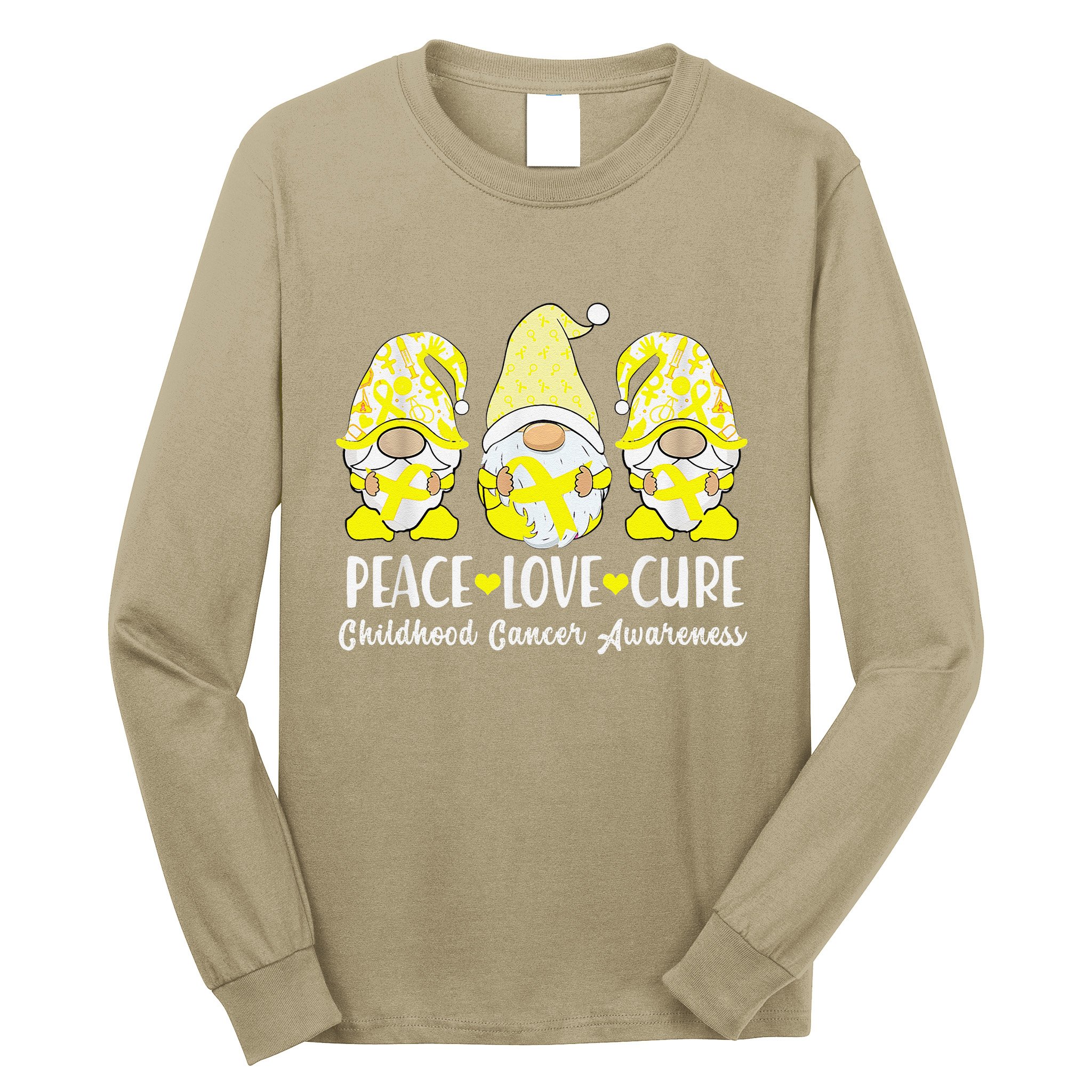 Peace Love Cure Childhood Cancer Awareness Ribbon Gnomies Long Sleeve Shirt