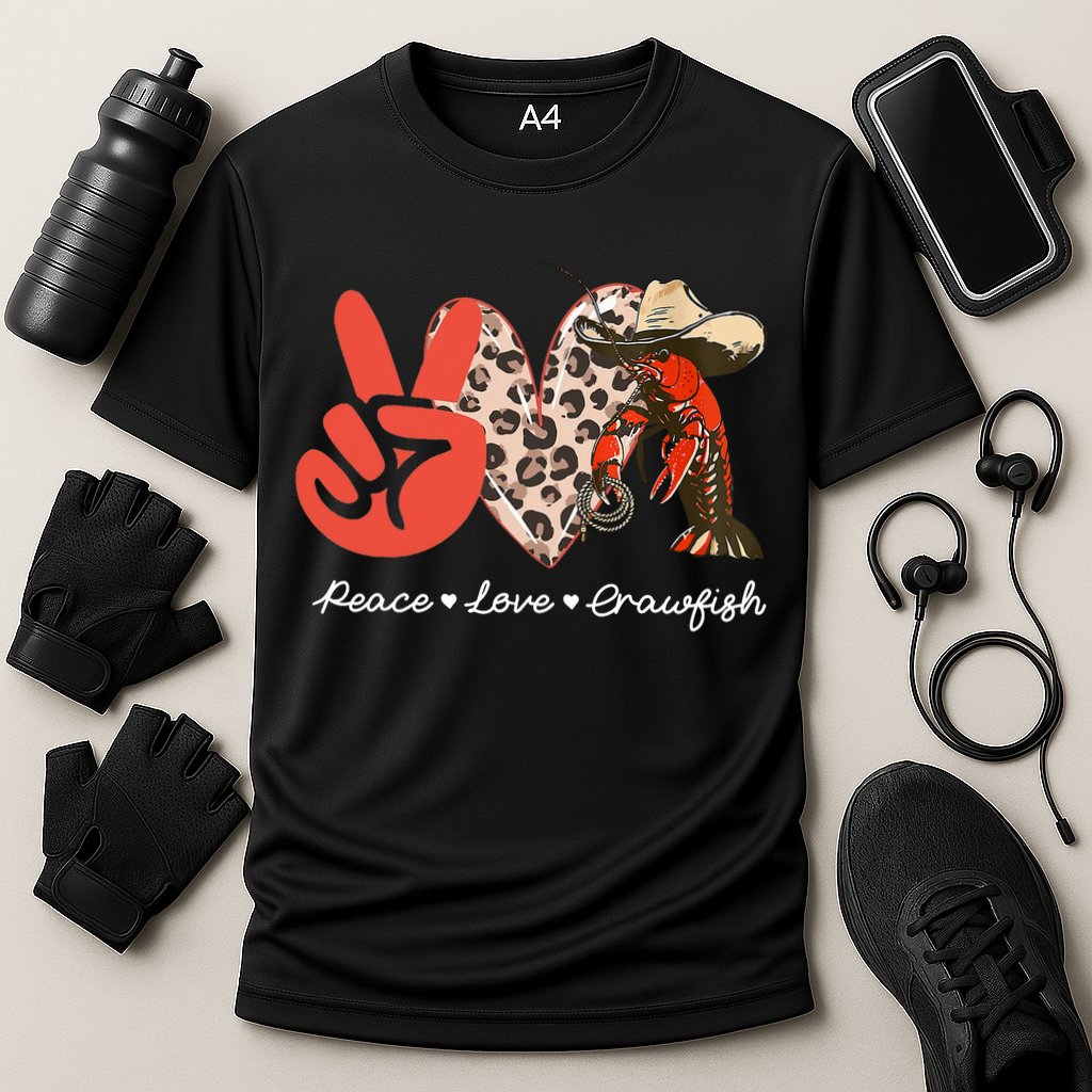 Peace Love Crawfish Leopard Crawfish Boil Cajun Lobster Cooling Performance Crew T-Shirt