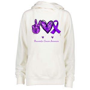 Peace Love Cure Purple Ribbon Pancreatic Cancer Awareness Gift Womens Funnel Neck Pullover Hood