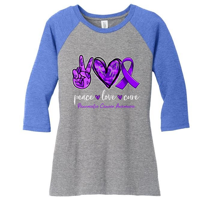 Peace Love Cure Purple Ribbon Pancreatic Cancer Awareness Gift Women's Tri-Blend 3/4-Sleeve Raglan Shirt