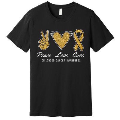 Peace Love Cure Childhood Cancer Awareness Ribbon Warrior Premium T-Shirt