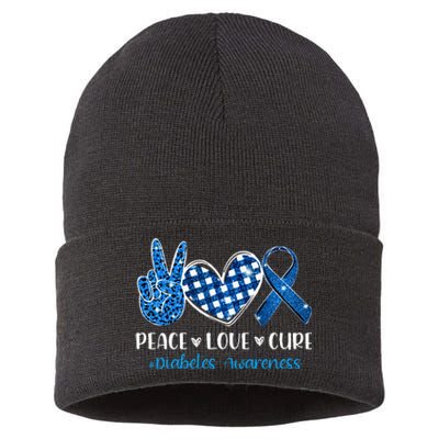 peace love cure grey blue ribbon diabetes awareness Sustainable Knit Beanie