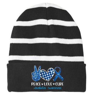 peace love cure grey blue ribbon diabetes awareness Striped Beanie with Solid Band