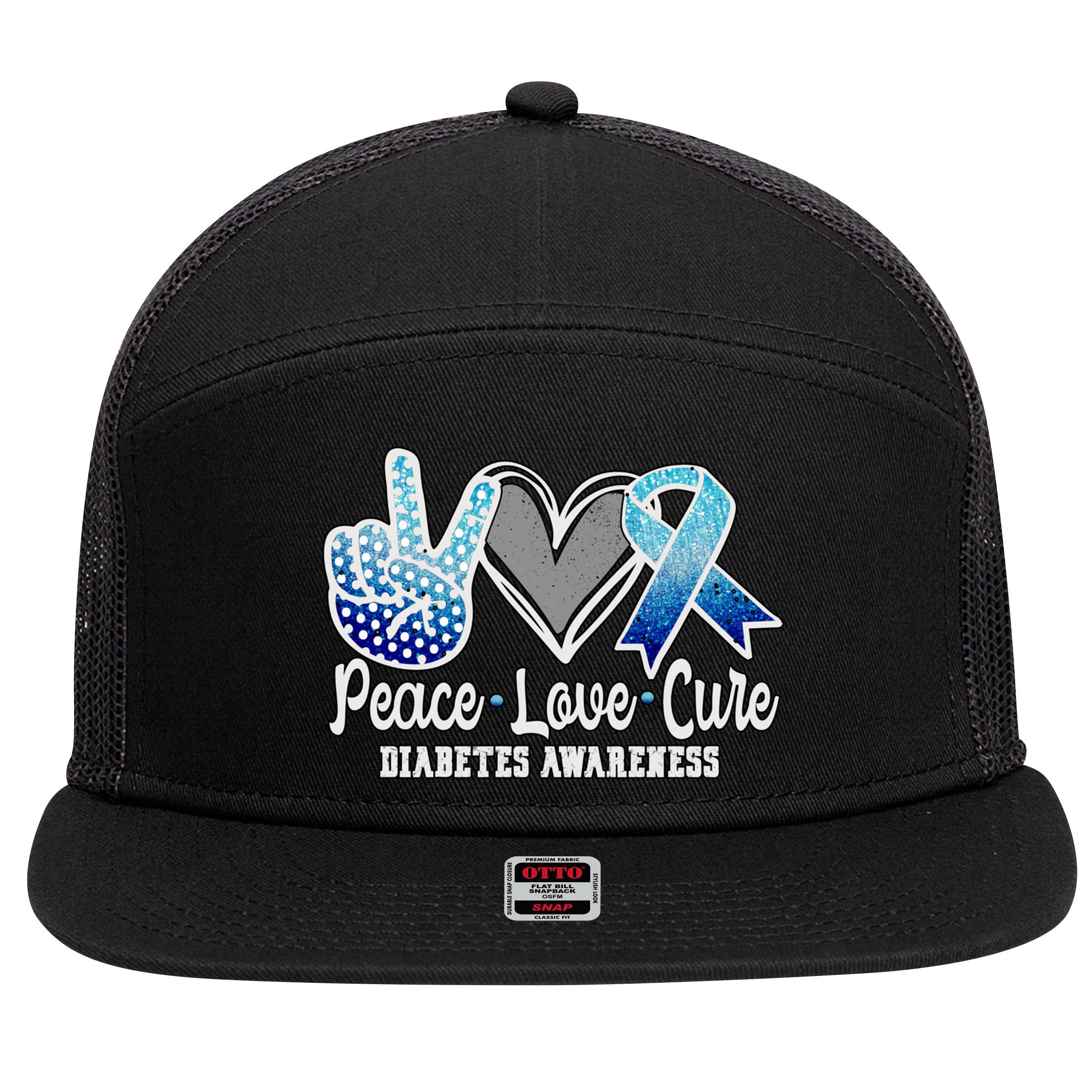 Peace Love Cure Diabetes Awareness Cool Gift 7 Panel Mesh Trucker Snapback Hat