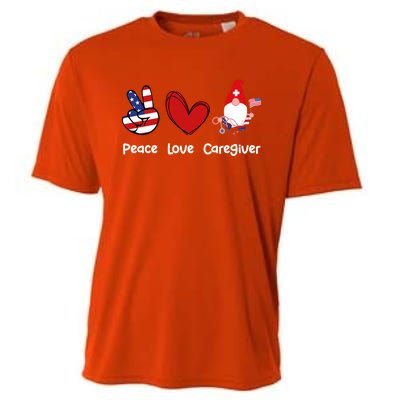 Peace Love Caregiver Life Patriotic Nurse 4th Of July Gnome Funny Gift Cooling Performance Crew T-Shirt