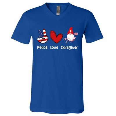 Peace Love Caregiver Life Patriotic Nurse 4th Of July Gnome Funny Gift V-Neck T-Shirt