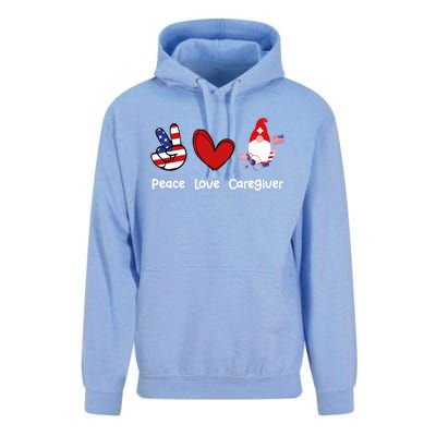 Peace Love Caregiver Life Patriotic Nurse 4th Of July Gnome Funny Gift Unisex Surf Hoodie