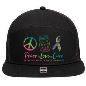 Peace Love Cure Metastatic Breast Cancer Awareness 7 Panel Mesh Trucker Snapback Hat