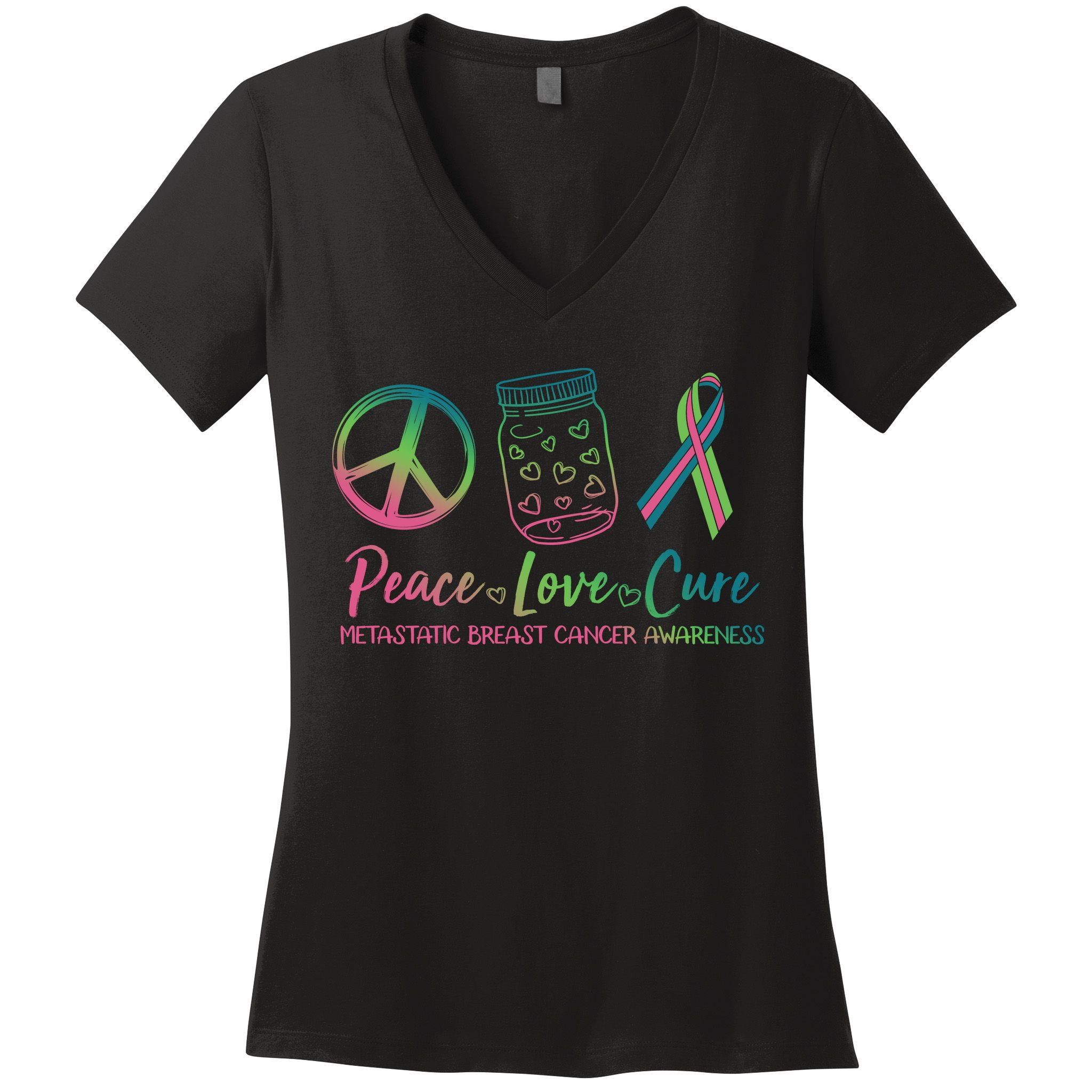Peace Love Cure Metastatic Breast Cancer Awareness Women's V-Neck T-Shirt