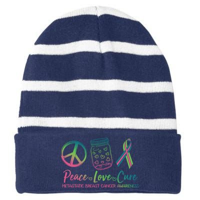 Peace Love Cure Metastatic Breast Cancer Awareness Striped Beanie with Solid Band