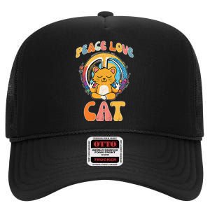 Peace Love Cat Feline Hippie Yoga Funny Meditation Humor High Crown Mesh Back Trucker Hat