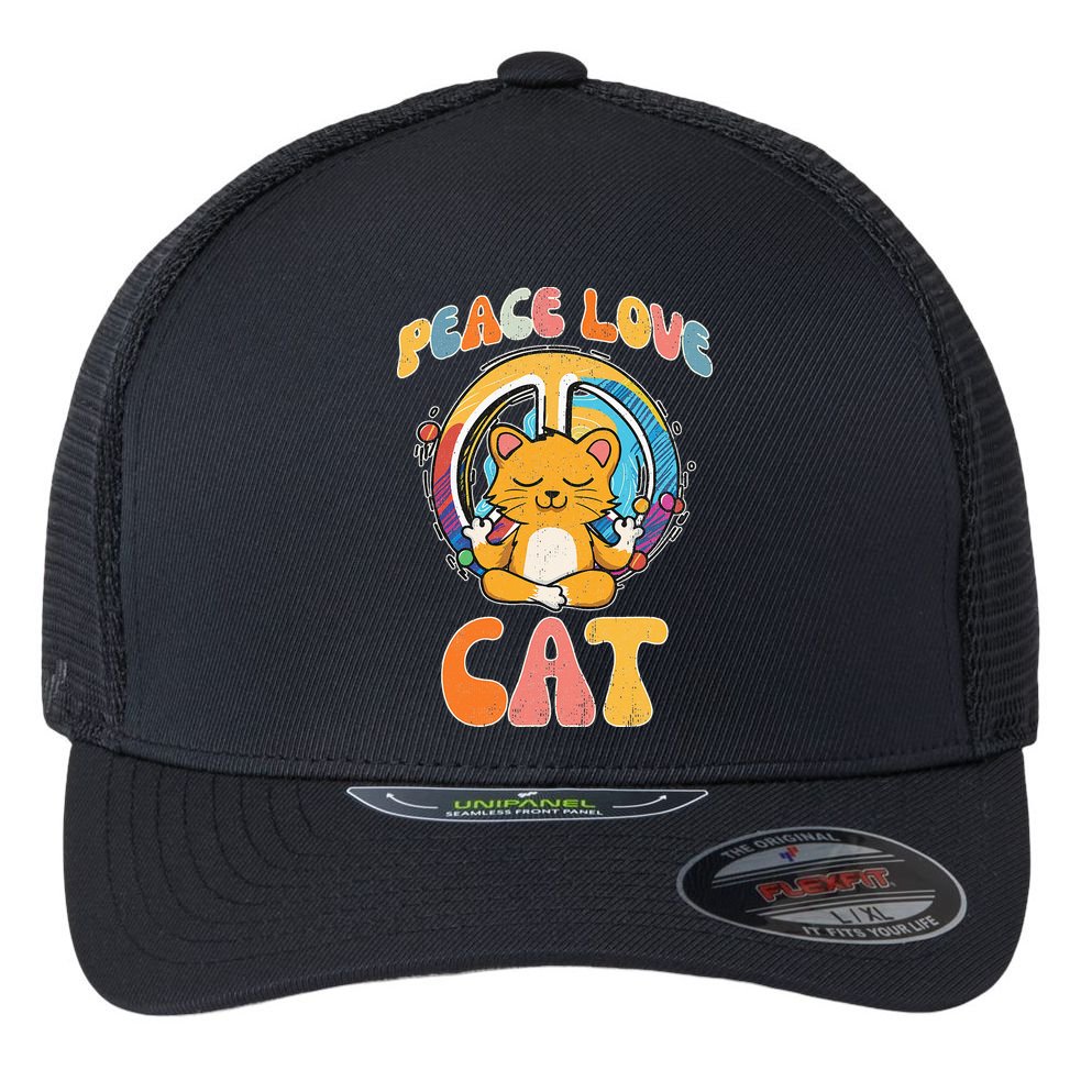 Peace Love Cat Feline Hippie Yoga Funny Meditation Humor Flexfit Unipanel Trucker Cap