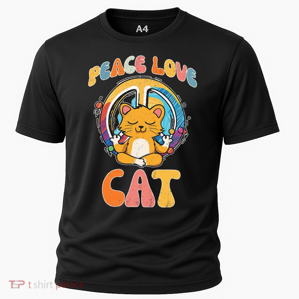 Peace Love Cat Feline Hippie Yoga Funny Meditation Humor Performance Shirt