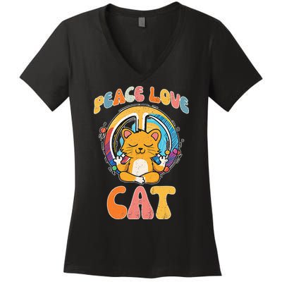 Peace Love Cat Feline Hippie Yoga Funny Meditation Humor Women's V-Neck T-Shirt