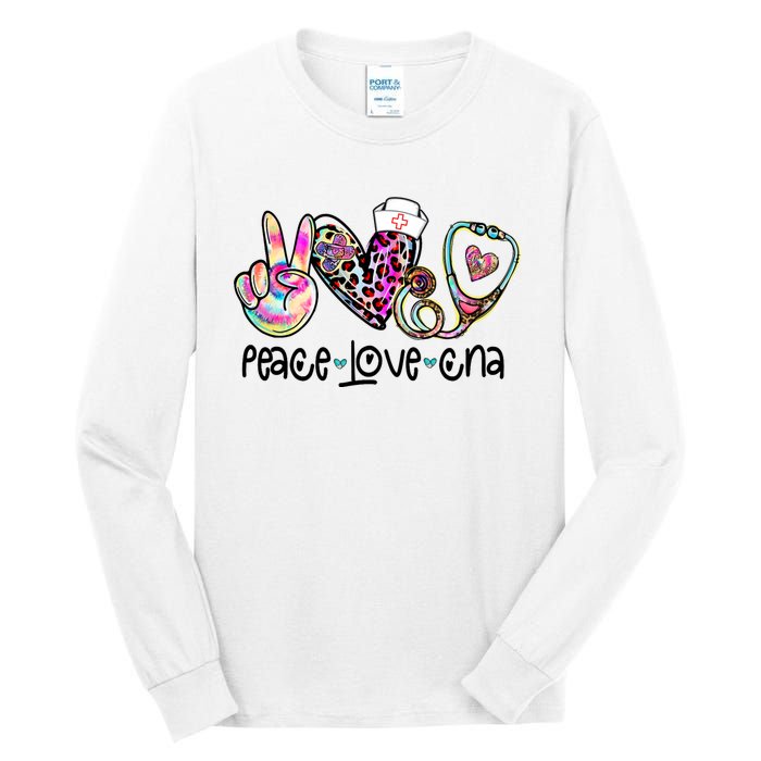 Peace Love Cna Leopard Heart Stethoscope Nursing Nurse Life Tall Long Sleeve T-Shirt