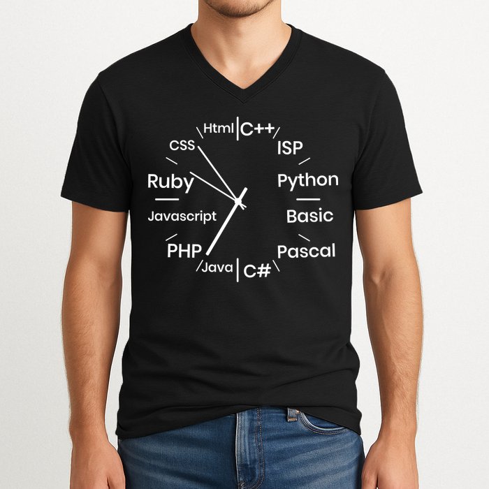 Programming Language Clock Computer Phyton Java Ruby C++ V-Neck T-Shirt
