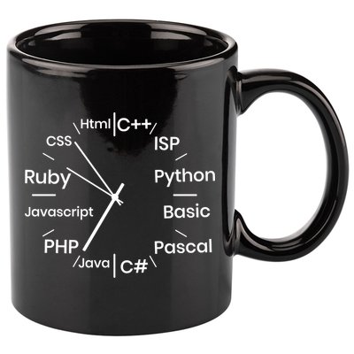 Programming Language Clock Computer Phyton Java Ruby C++ 11oz C Handle Ceramic Mug