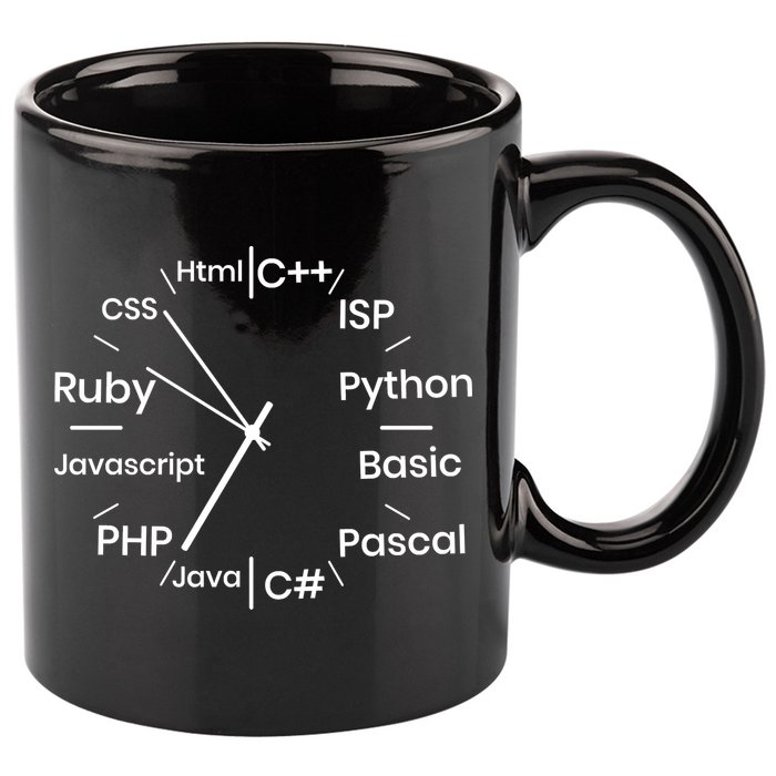 Programming Language Clock Computer Phyton Java Ruby C++ 11oz C Handle Ceramic Mug