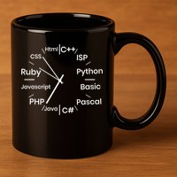 Programming Language Clock Computer Phyton Java Ruby C++ 11oz C Handle Ceramic Mug