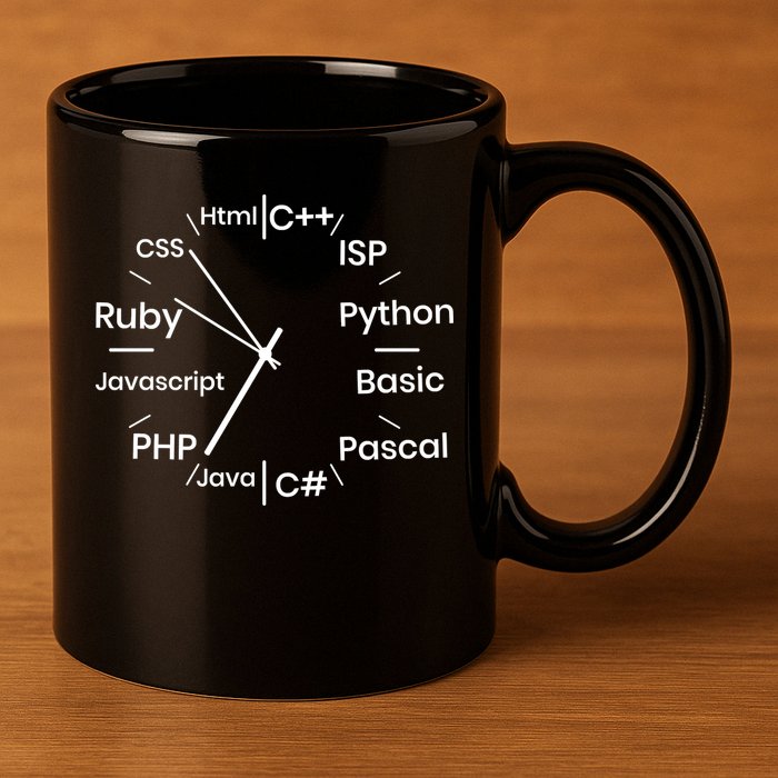 Programming Language Clock Computer Phyton Java Ruby C++ 11oz C Handle Ceramic Mug