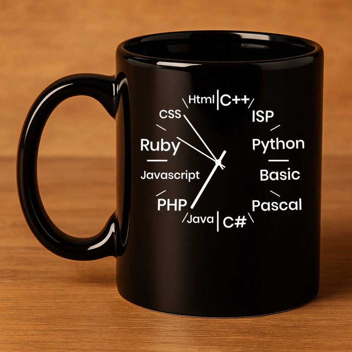 Programming Language Clock Computer Phyton Java Ruby C++ 11oz C Handle Ceramic Mug
