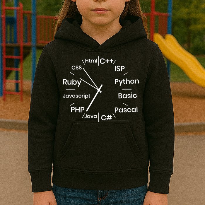 Programming Language Clock Computer Phyton Java Ruby C++ Kids Hoodie