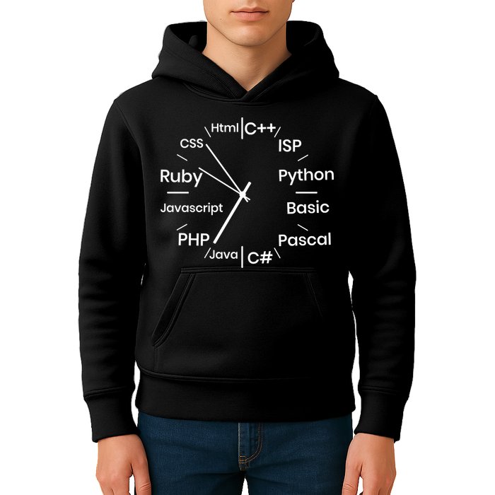 Programming Language Clock Computer Phyton Java Ruby C++ Kids Hoodie