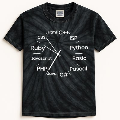 Programming Language Clock Computer Phyton Java Ruby C++ Kids Tie-Dye T-Shirt