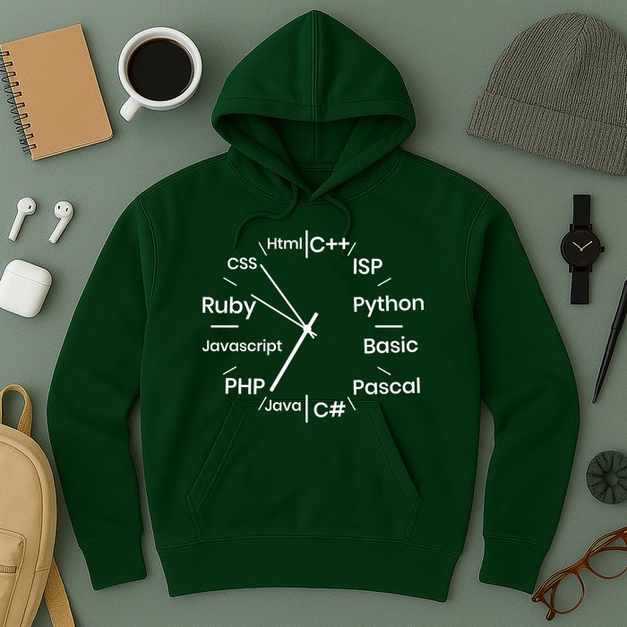 Programming Language Clock Computer Phyton Java Ruby C++ Hoodie