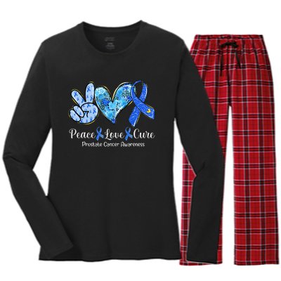 peace love cure blue ribbon prostate cancer awareness s Women's Long Sleeve Flannel Pajama Set 