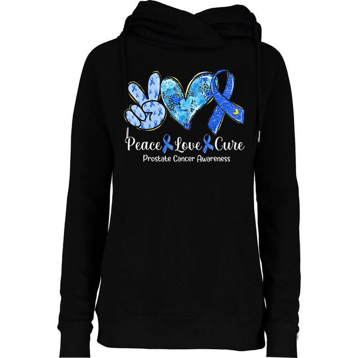 peace love cure blue ribbon prostate cancer awareness s Womens Funnel Neck Pullover Hood