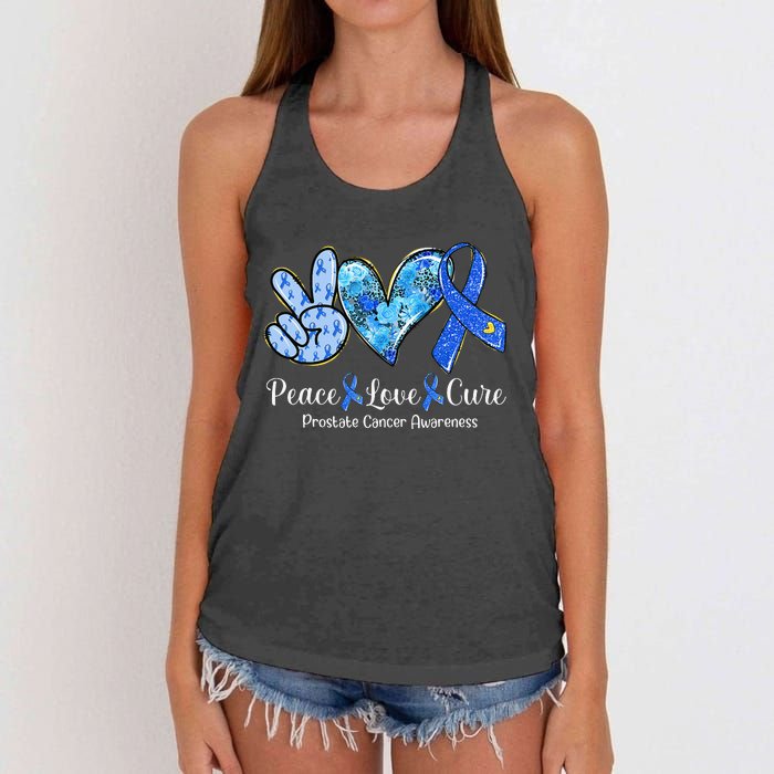 peace love cure blue ribbon prostate cancer awareness s Women's Knotted Racerback Tank