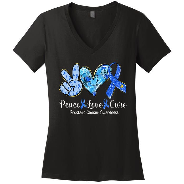 peace love cure blue ribbon prostate cancer awareness s Women's V-Neck T-Shirt