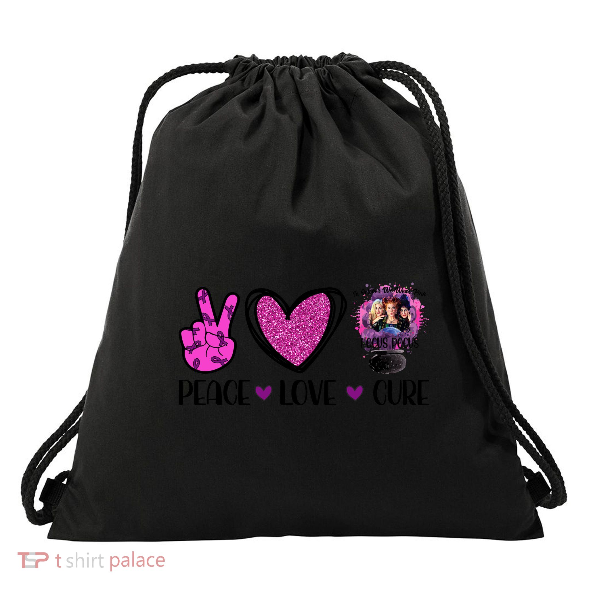Peace Love Cure Halloween Breast Cancer Drawstring Bag
