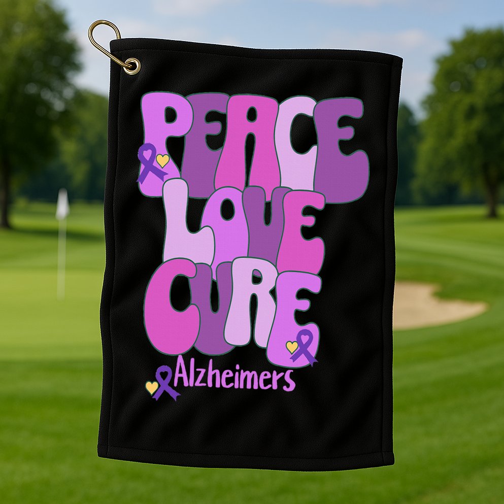 Peace Love Cure Alzheimer's Awareness Purple Ribbon End Alz Golf Towel