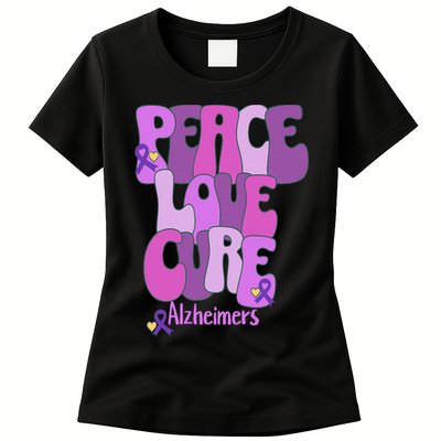 Peace Love Cure Alzheimer's Awareness Purple Ribbon End Alz Womens T-Shirt