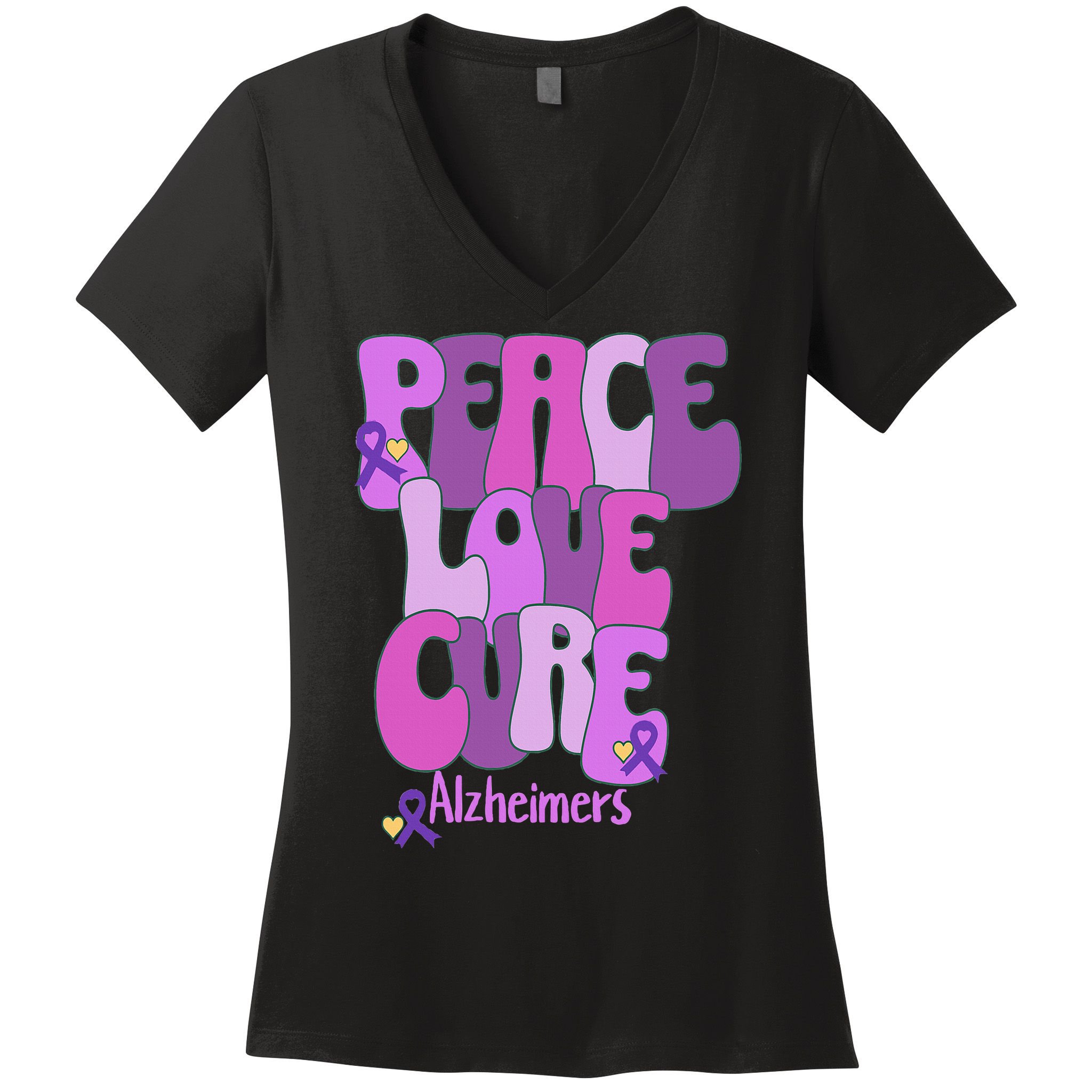 Peace Love Cure Alzheimer's Awareness Purple Ribbon End Alz Women's V-Neck T-Shirt