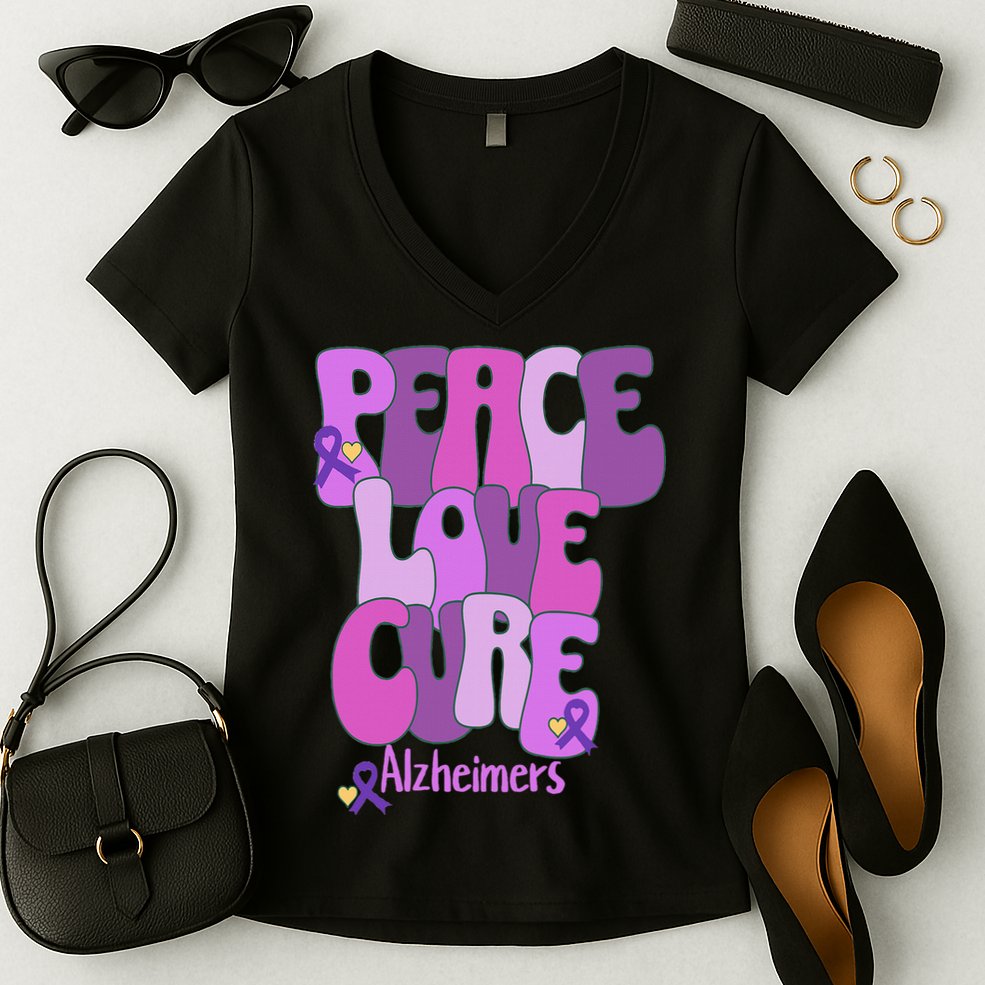 Peace Love Cure Alzheimer's Awareness Purple Ribbon End Alz Women's V-Neck T-Shirt