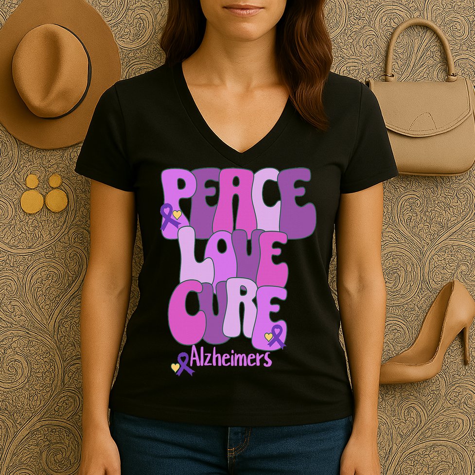 Peace Love Cure Alzheimer's Awareness Purple Ribbon End Alz Women's V-Neck T-Shirt