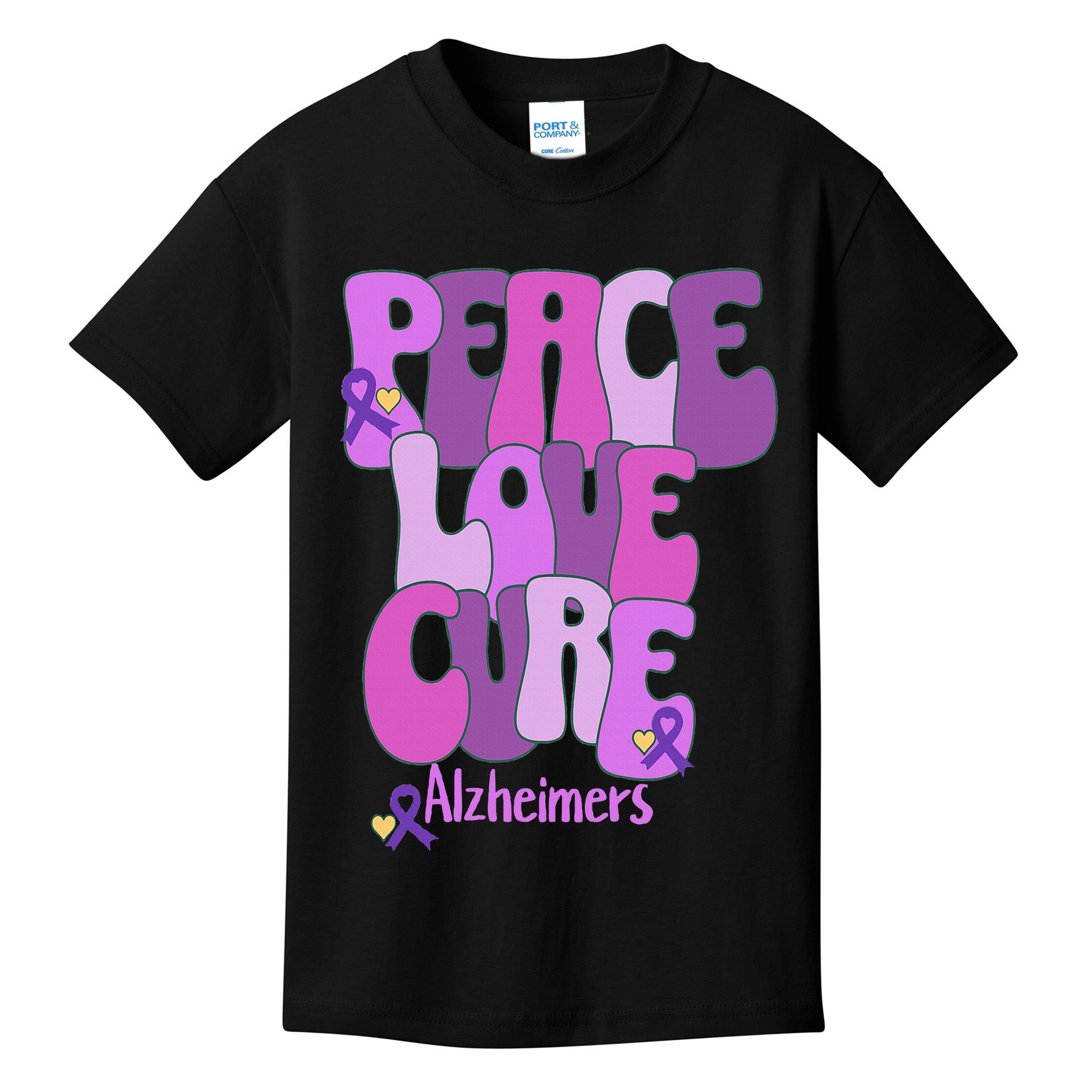 Peace Love Cure Alzheimer's Awareness Purple Ribbon End Alz Kids T-Shirt