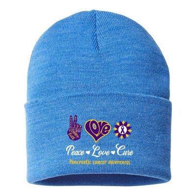 Peace Love Cure Pancreatic Cancer Awareness Gift Sustainable Knit Beanie