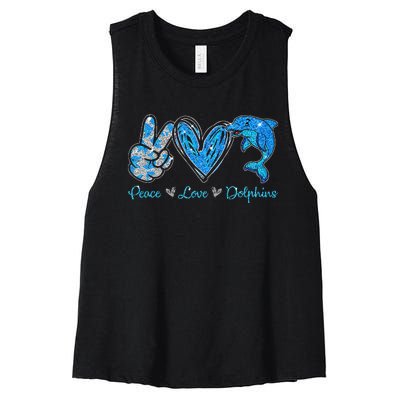 Peace Love Dolphins Funny Dolphin Lover Gifts Women's Racerback Cropped Tank