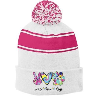 Peace Love Dogs Lover Puppy Paw Dog Stripe Pom Pom Beanie