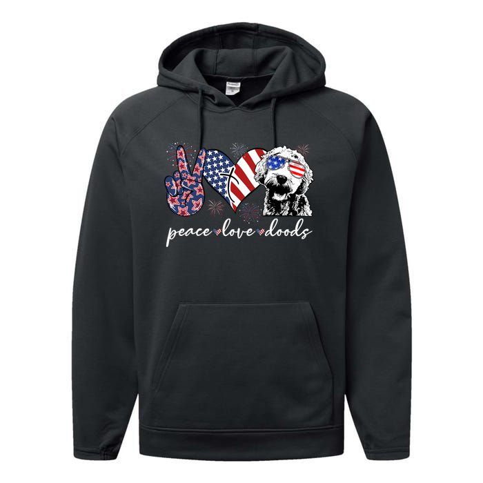 Peace Love Doods Goldendoodle Usa Flag Doodle 4th Of July Performance Fleece Hoodie