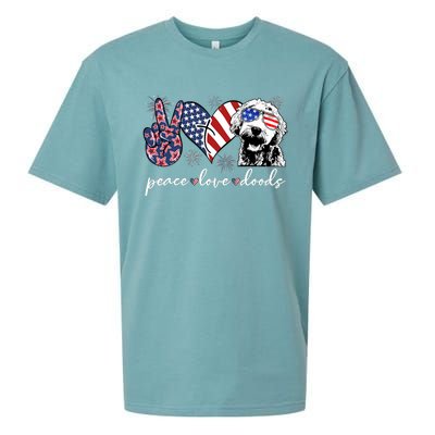 Peace Love Doods Goldendoodle Usa Flag Doodle 4th Of July Sueded Cloud Jersey T-Shirt